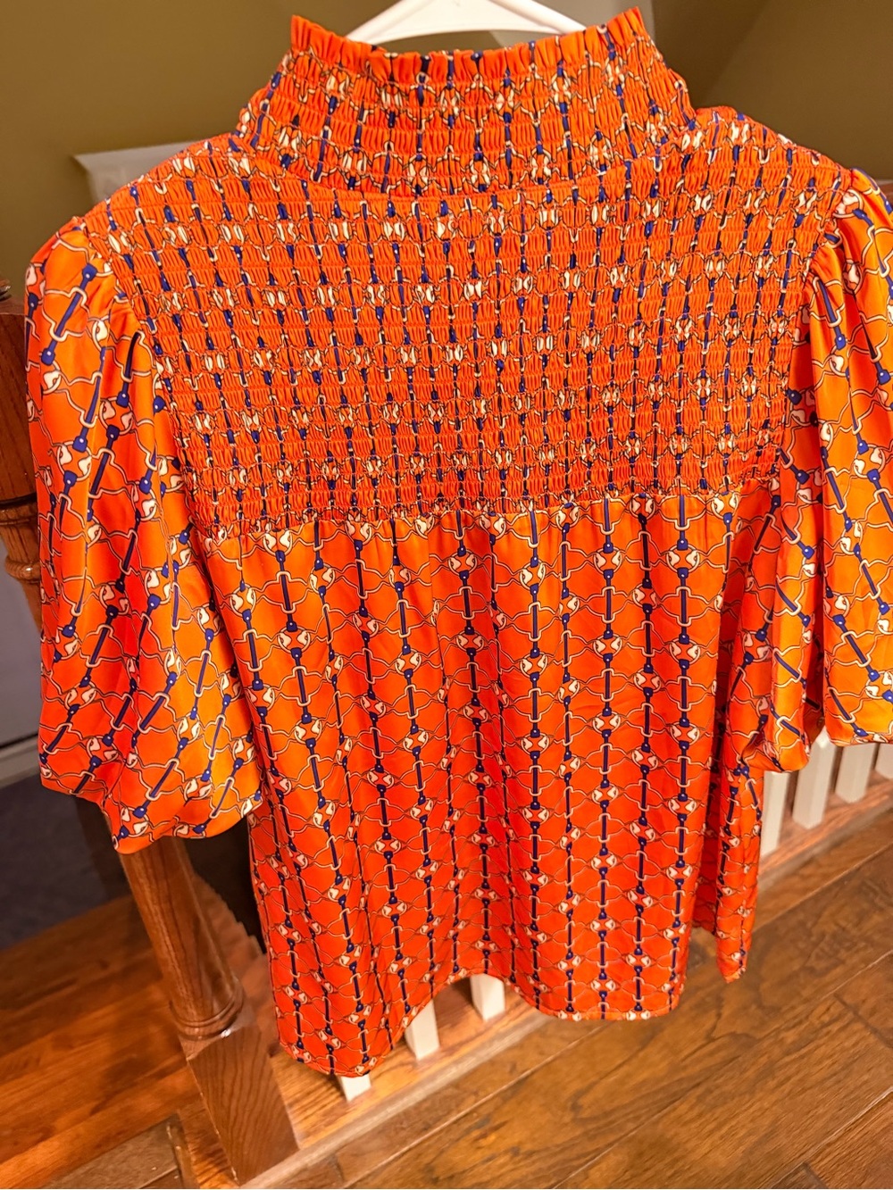 THML Bright Orange Smocked High Neck Puff Sleeve Blouse - Picture 3 of 3